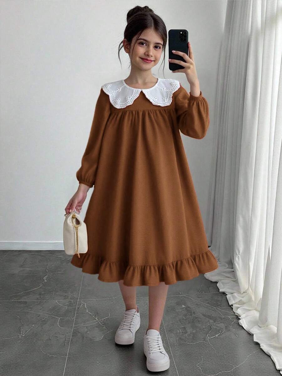 SHEIN Tween Girl Corduroy Patchwork Lace Peter Pan Collar Long Sleeve Dress,Elegant Brown And White A-Line Cake Dress For Autumn Tea Party,Back-To-School - Rust Brown - View 1