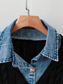 SHEIN LUNE Vintage & Gentle Combination, Denim Patchwork Knit Top, Denim Collar Exquisite Retro, Cuff Patchwork Design Unique Fashionable, Button Design Delicate With Details, First Choice For Dates - Black - View 5