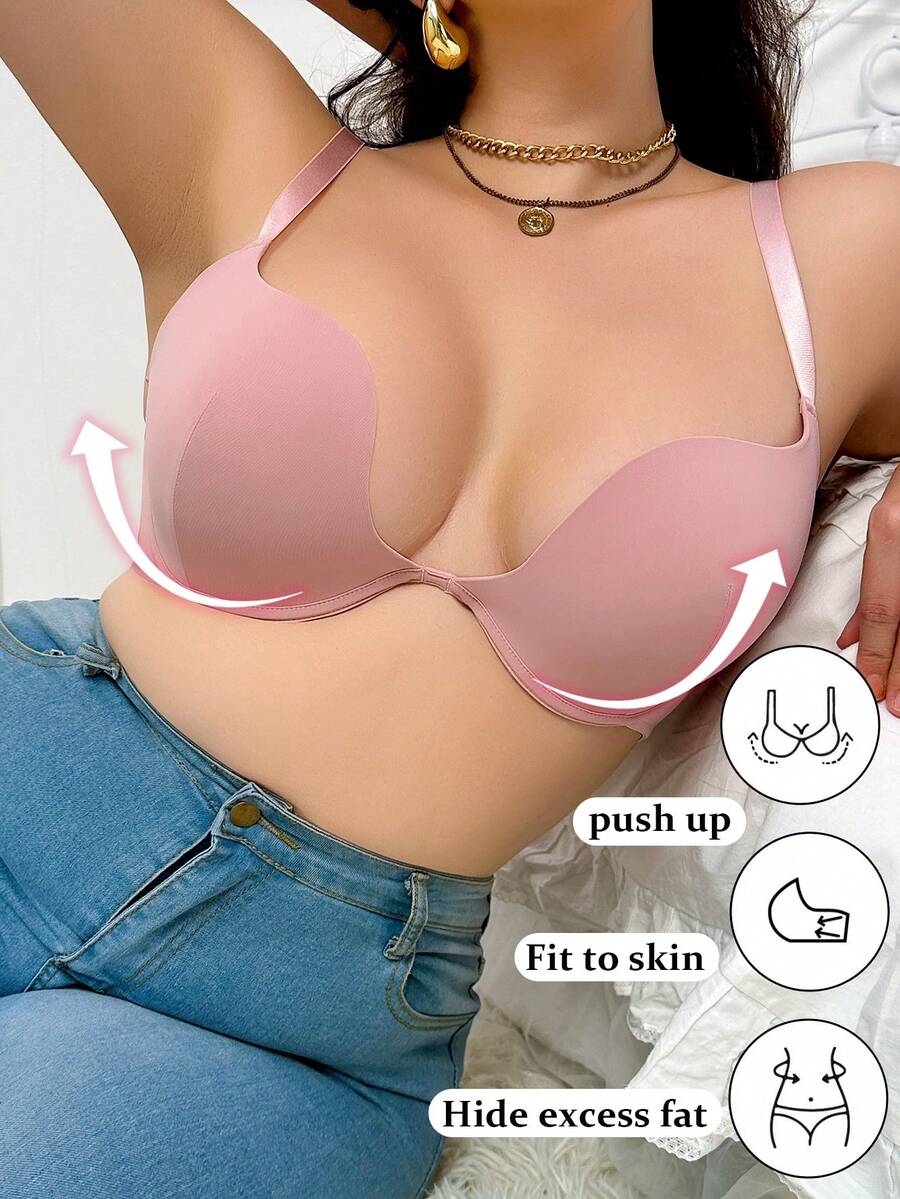 1件大码女士纯色舒适浪漫钢圈文胸 - 藕粉色 - 查看 1