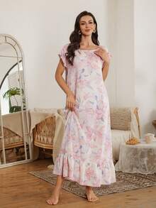 Serenescape Women Vacation Style Round Neck Contrast Trim Ruffle Hem Nightgown Long Sleep Dress Summer Night Gown - Multicolor - View 1