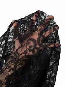 Xyvia Women's Elegant Lace Party Skirt Set, Black Floral Lace Slit Fitted Versatile Casual AsymmetricSweetheart Neckk Top And Skirt 2-Piece Set, Autumn/Winter - Black - View 4