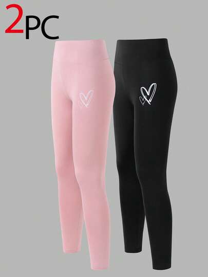 2pcs/Set Girls' Leggings, Minimalist Fashion Black & Pink Combo With Heart Print, Comfortable Full Length Tights For Tween Girls