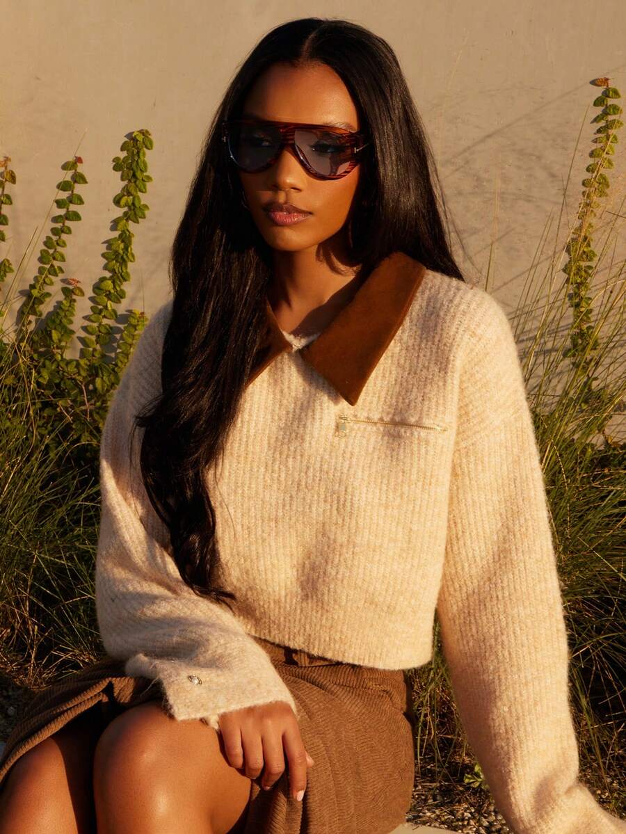 NYA SZN Elegant Beige Long Sleeve Collar Loose Zipper Pocket Detail Sweater,Back-To-School School Autumn Casual Loungewear Preppy Old Money Holiday Festive - Yellow - View 1