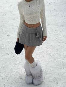 FavEase 女式休闲百搭绒球系带针织裙