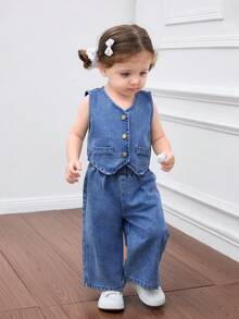 SHEIN HEIN 2pcs Baby Girls Denim Suspender Top & Elastic Waist Pants Set,Kid Girls Casual Vacation Boho Homewear,Graduation /"Party/ Vacation Set,Fall Kid's Casual And Comfortable Wear - Medium Wash - View 5