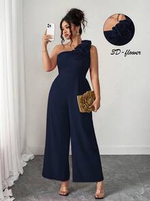 Elenzga Bộ áo liền quần mùa hè thời trang kiểu Pháp cổ điển lãng mạn với họa tiết hoa, vai bất đối xứng. - Màu xanh hải quân - Xem 1