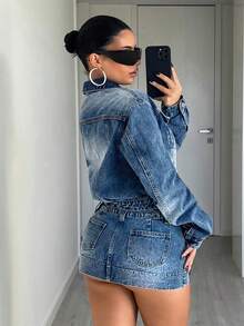 Jeanoix Y2K Style Denim Jacket With Lapel, Drop Shoulder And Front Opening - Medium Wash - View 2