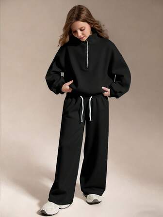 SHEIN Tween Girls Quarter Zip Oversized Sweatshirt And Relaxed Fit Sweatpants Set, Back To School Autumn Winter Cozy Fall Christmas Cute Casual Everyday Capsule Wardrobe Y2K Streetwear, Grey