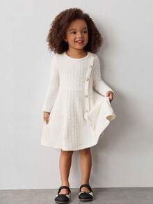 Maija Kids Young Girl Knitted Ribbed Apricot Pearl Button Decor Round Neck Long Sleeve Casual Dress - Apricot - View 7