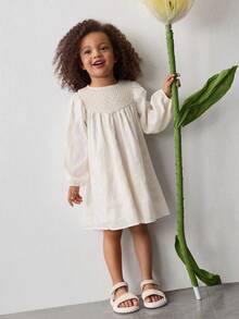 Maija Kids 女童编织拼接刺绣圆领宽松休闲长袖连衣裙 - 杏色 - 查看 6
