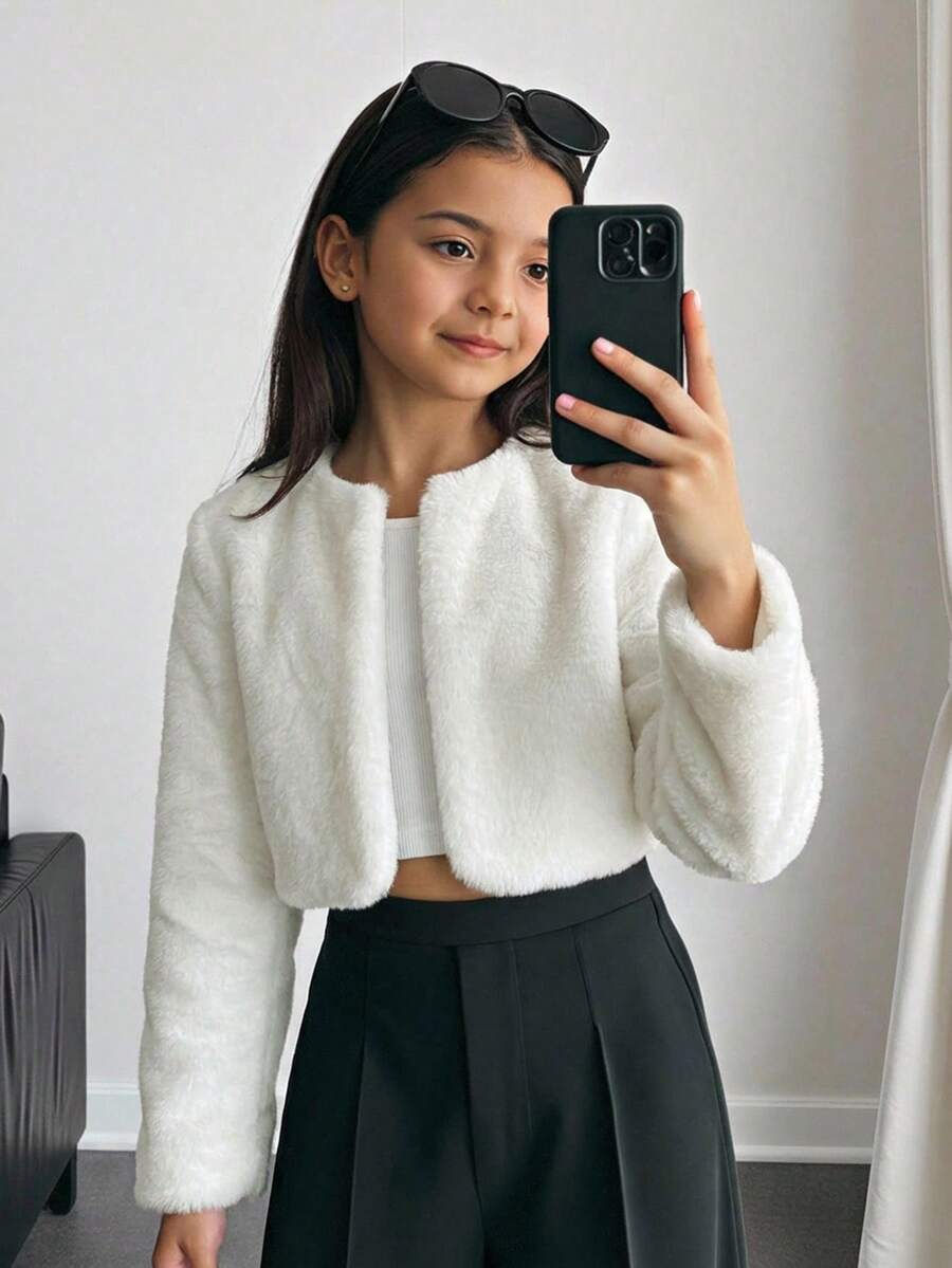 Firerie Kids Firerie Kids Áo khoác lông giả tối giản dành cho bé gái tuổi teen, thích hợp cho các bữa tiệc và hoạt động ngoài trời, mùa thu/đông. - trắng - Xem 1