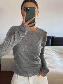 Livesso 女士休闲系带收腰二合一T恤 - 灰色 - 查看 1