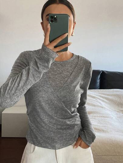 Livesso 女士休闲系带收腰二合一T恤