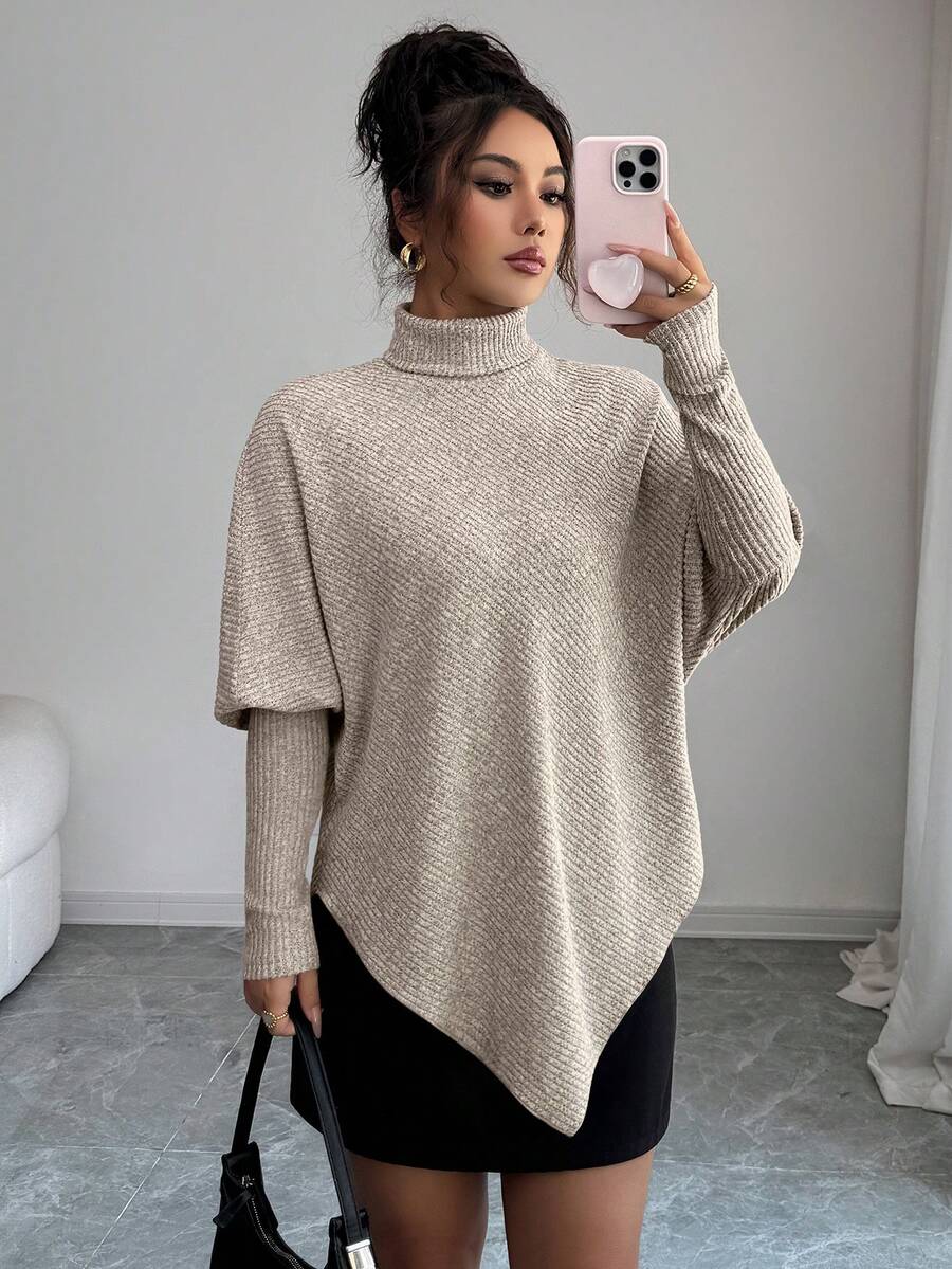 Elenzga Elegant Design Asymmetrical Hem Faux Knit Fuzzy Ribbed Turtleneck Versatile Women's T-Shirt - Khaki - View 1