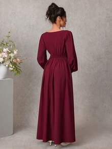 Solid Color Elegant Long Sleeve Decorative Button Maternity Dress - Red - View 2