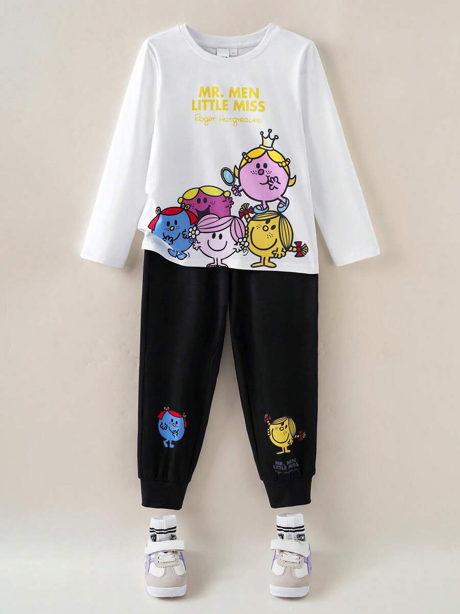 Mr Men Little Miss X SHEIN Young Girl Letter & Cartoon Graphic White Crew Neck Long Sleeve Sweatshirt And Black Pants Set - Multicolor - View 1