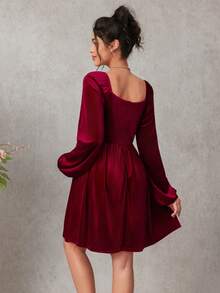 SHEIN Elegant Maternity V-Neck Midi Velvet Dress - Burgundy - View 2