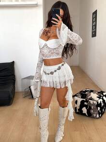 Coolane Women's Spring/Summer Streetwear Y2K Daily Wear Western Wear Cowgirl Beach Outfits Boho Vacation Outfits Casual Party Homecoming Lace Ruffle Low Rise Mini Skirts - White - View 2