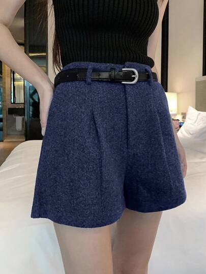 DAZY Pantalones cortos de lana de unicolor y sueltos para mujer, adecuados para otoño/invierno