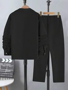 Vacaura 2 件青少年春季休闲绅士单排扣灰色长袖衬衫 + 松紧腰斜口袋休闲裤两件套服装 - 黑色 - 查看 2