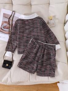 SHEIN Elladie kids 女童可爱黑白长袖假口袋设计外套搭配舒适运动短裤，秋冬套装 - 粉色 - 查看 2