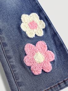 SHEIN Young Girl' Pink Floral Embroidered Retro Blue Denim Elastic Skinny Flare Pants - Dark Wash - View 4