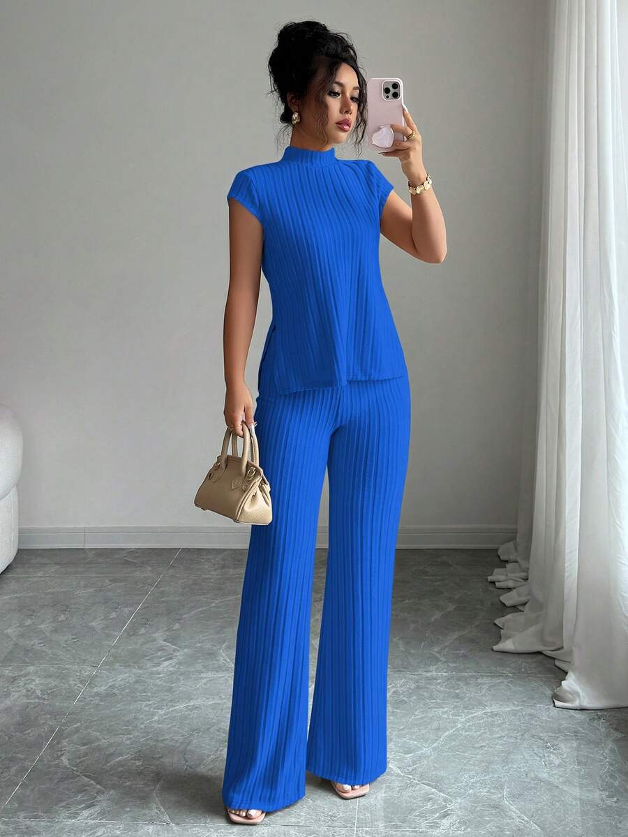 SHEIN Elenzya Set de 2 piezas de top de manga corta acanalado y pantalones elegantes y casuales - Azul - Ver 1