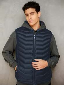 Chaqueta acolchada de algodón chaleco sin mangas para hombres 2025, cuello de pie, chaqueta a prueba de viento y calor en otoño e invierno, disponible en varios colores, negro, gris, tibetano, moda joven en la calle, bolsillo con cremallera, Corte tridimensional, fácil de usar, trabajo se puede usar - Azul Marino - Ver 2