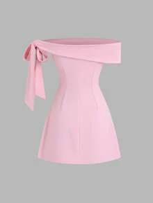 Sweetra 女士新款露肩不对称蝴蝶结袖修身A字迷你连衣裙，适合通勤、旅行和日常工作，春夏款 - 粉色 - 查看 2