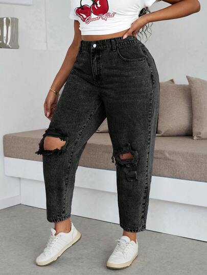 Slaydiva Plus Size Women High Waist Pockets Distressed Tapered Casual Versatile Jeans