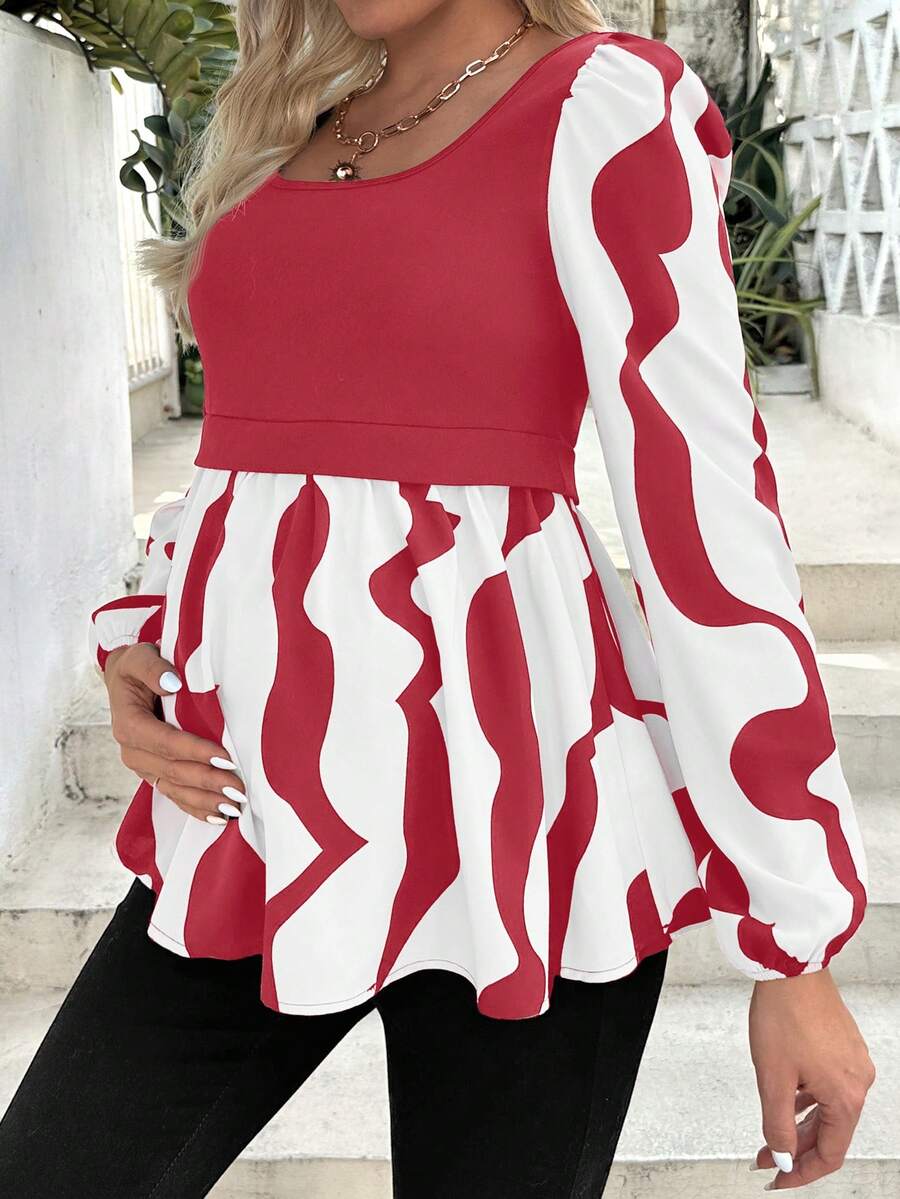 SHEIN Maternity Geometric Print Lantern Sleeve Casual Fashion Shirt Ruffle Sleeve Blouse Red And White Top Peplum Tops For Women Women Blouses Long Sleeve Peplum Blouse - Multicolor - View 1