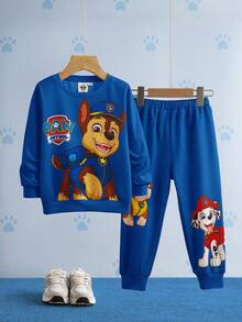 SHEIN | PAW Patrol 2pcs/Set Young Boy Cartoon Puppy Print Crew Neck Long Sleeve Sweatshirt And Long Sweatpants Casual Sports Outfit, Spring/Autumn - Blue - View 1