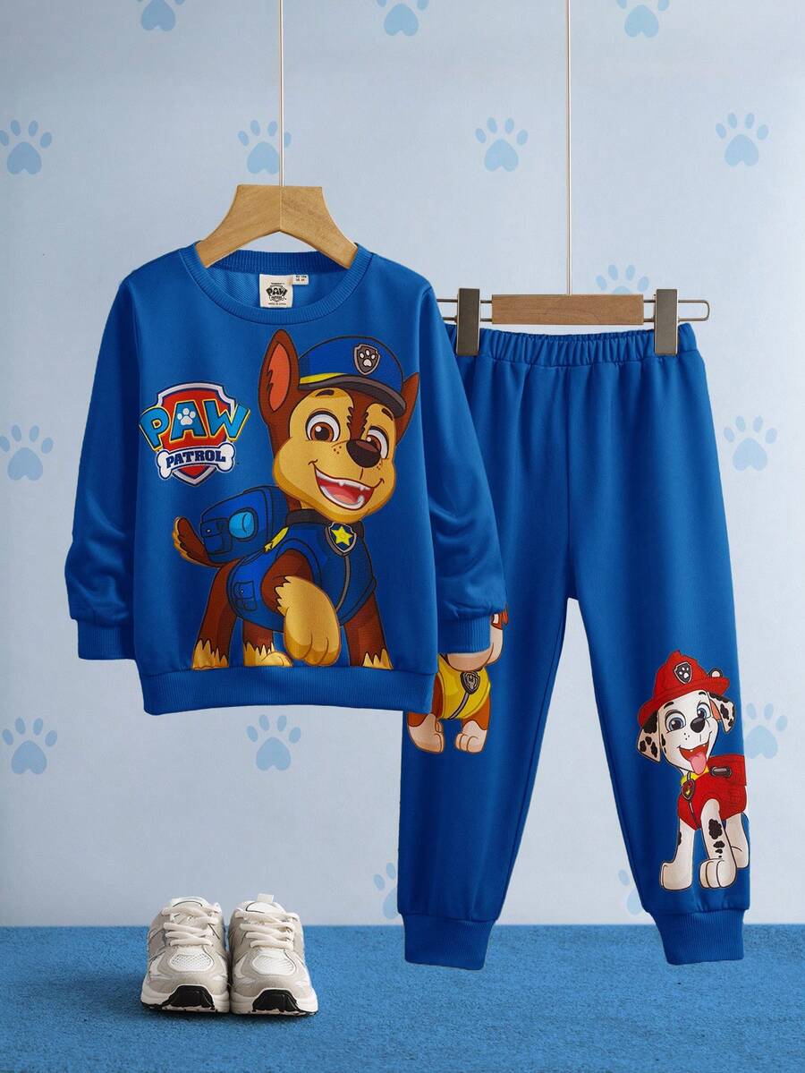 SHEIN | PAW Patrol 2pcs/Set Young Boy Cartoon Puppy Print Crew Neck Long Sleeve Sweatshirt And Long Sweatpants Casual Sports Outfit, Spring/Autumn - Blue - View 1