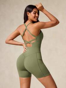 OutZeal Women Sports Jumpsuit Cycling Gym Outfit Summer Tummy Control Sweat Wicking Bra-In Backless Design - Green - View 7