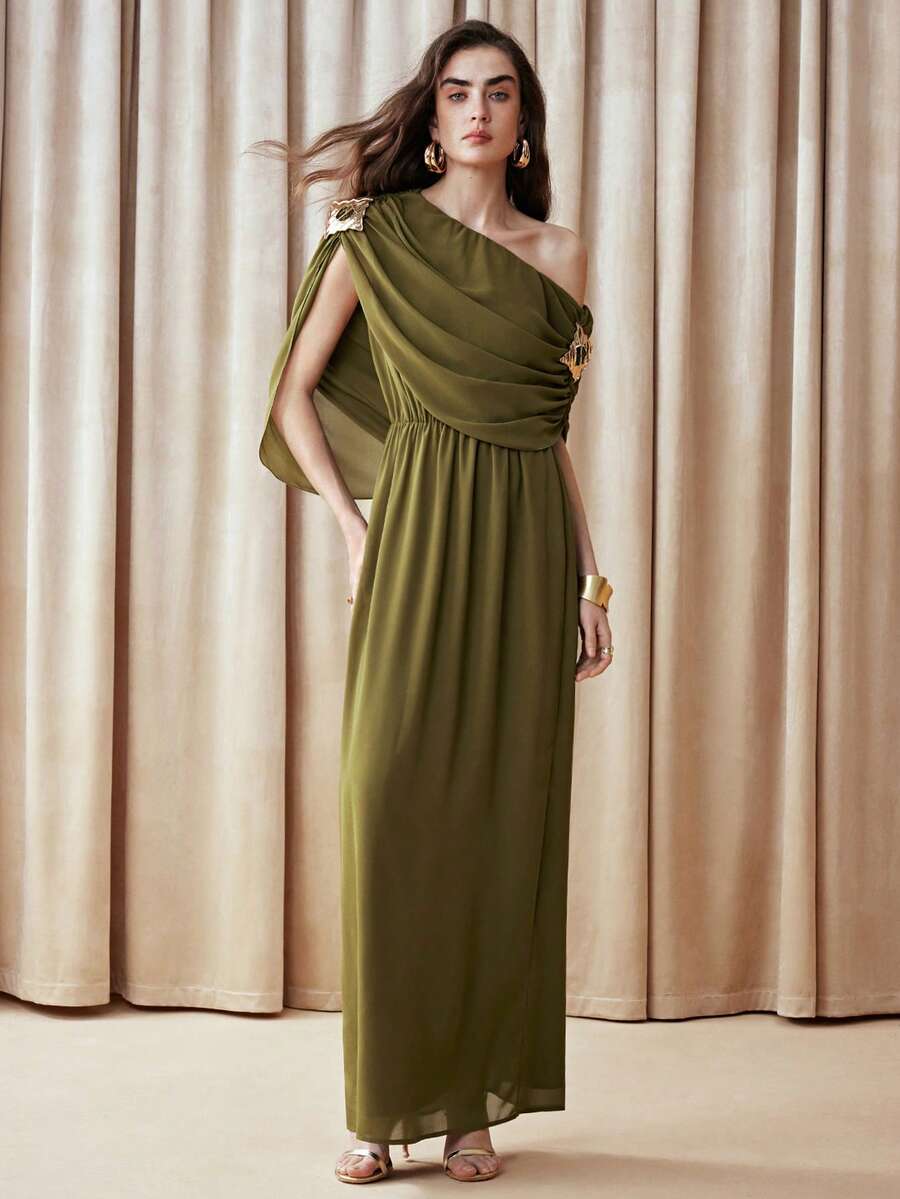 Arave Asymmetric Ruched Flowy Maxi Dress New Year - Olive Green - View 1