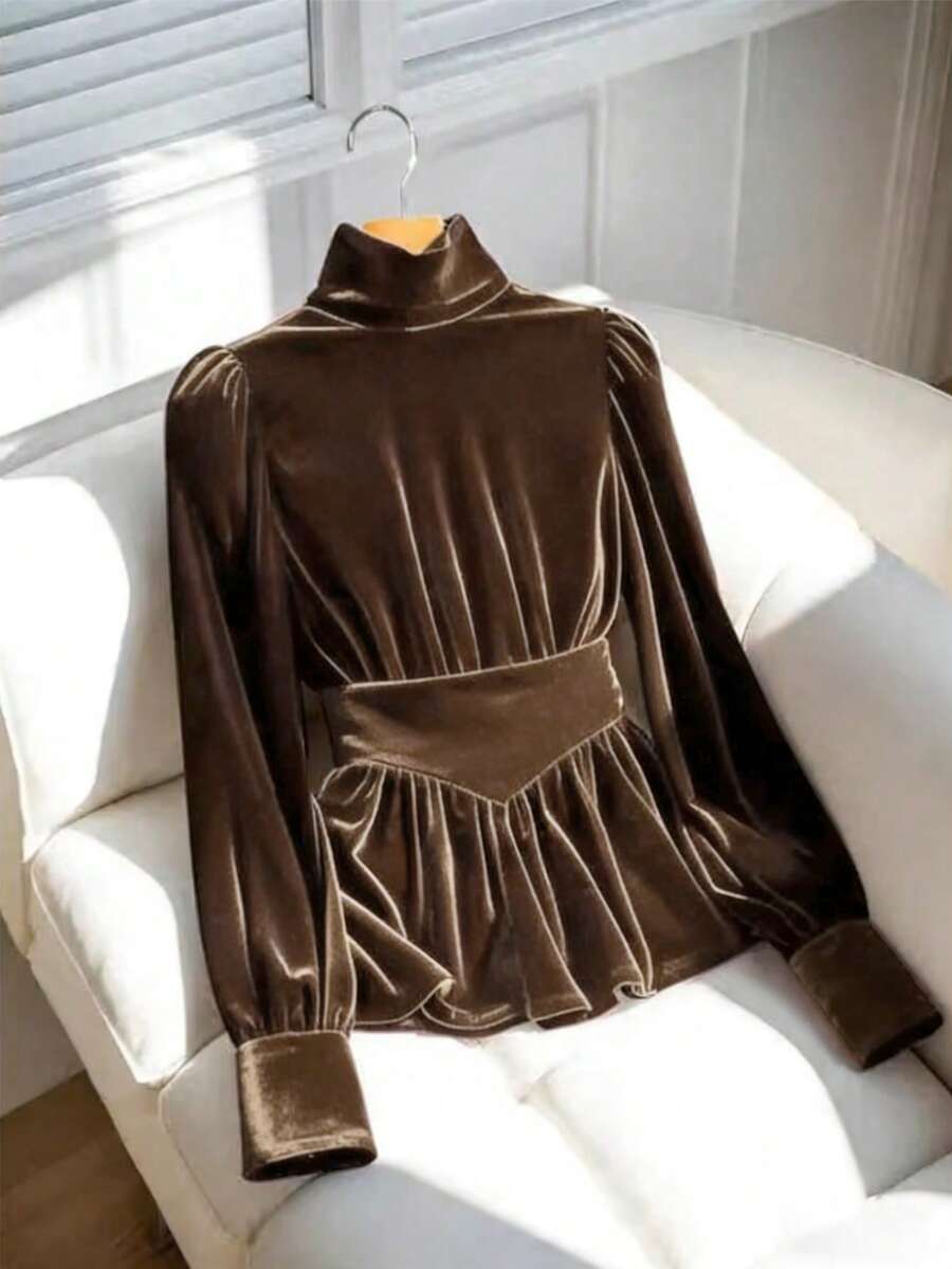 GlowEve Áo len nữ màu trơn bằng nhung, cổ cao, eo thon, dáng xòe, chất liệu cao cấp, đa năng, thích hợp làm quà sinh nhật, hẹn hò, dự tiệc, ngày Quốc khánh, mùa thu/đông. - Cà phê nâu - Xem 1