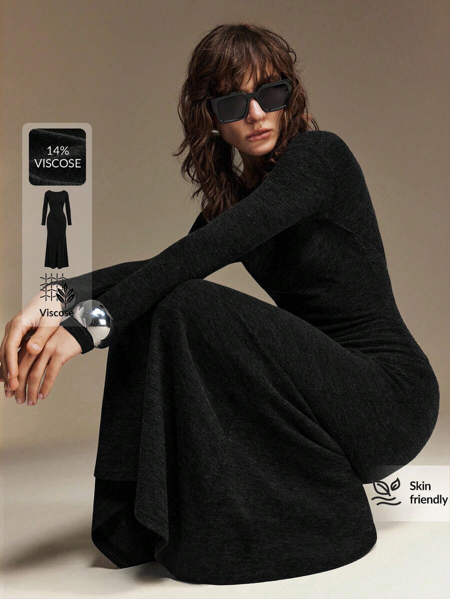 Ontre 2026春夏新款女士修身简约百搭超长连衣裙，都市通勤商务休闲装，情人节派对、婚礼宾客、度假等场合的优雅之选 - 黑色 - 查看 1