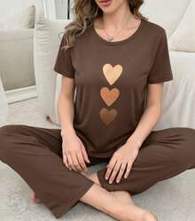 Conjunto de 2 piezas de pantalón y blusa de manga Corta de cuello redondo de unicolor, de punto jacquard, holgado y casual para mujer, ropa de otoño e invierno - Marrón Mocha - Ver 2