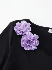 少女优雅甜美风圆领长袖上衣搭配缎面半裙两件套，春秋季阿巴雅长袍，花卉装饰腰部设计，正式场合穿着 - 紫色 - 查看 8