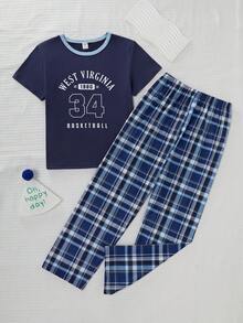 Tween Boys' Casual Plaid & Graphic Print Short Sleeve Top And Pants Loungewear Set - Navy Blue - View 4