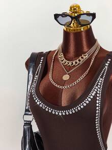 Amplova Sexy Rhinestone Embellished Backless Bodysuit - Brown - View 5