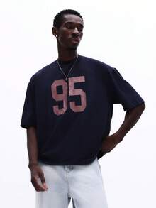 SUMWON Boxy Fit Crew Neck Short Sleeve T-Shirt With Number 95 Graphic Print Casual Streetwear Style Cotton Tee