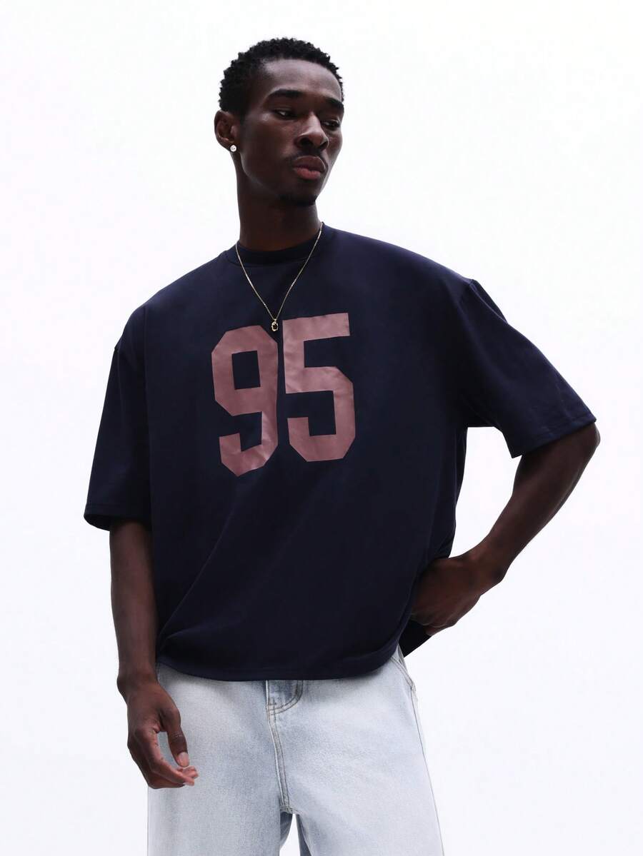 SUMWON Boxy Fit Crew Neck Short Sleeve T-Shirt With Number 95 Graphic Print Casual Streetwear Style Cotton Tee