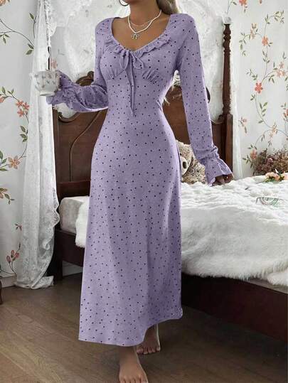 CottageSlumber French V-Neck Ruffle Hem Patchwork Black Polka Dot Print Grey Long Nightgown