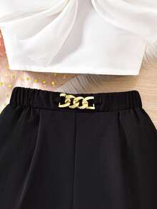 Sparklyn 两件套女童红色蝴蝶结吊带背心搭配黑色短裤，金属腰带，优雅春夏装扮 - 黑與白 - 查看 4