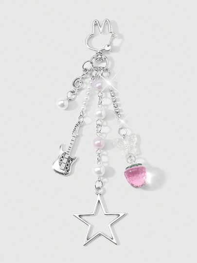 Kawaii 1 pieza Cadena de plata de alta calidad, versátil y elegante con colgante de flor de resina, fresa, lunares y lazo en forma de estrella, accesorio DIY para llavero o bolso, adecuado para uso diario de mujeres/niñas, regalo para ocasiones especiales