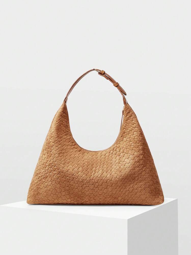 STYLISH MINIMALIST SOFT EMBOSSED WOVEN PATTERN SUEDETTE SHOULDER BAG WITH EXQUISITE METAL PENDANT, SUITABLE FOR COMMUTING AND SHOPPING