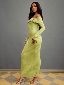 NYA SZN Vestido de hombros descubiertos de manga larga con herrajes, ajustado y entallado de punto acanalado, de punto, verde, para fiestas navideñas, Año Nuevo, eventos y fiestas, de lujo y elegante, de largo maxi para mujeres - Verde - Ver 7