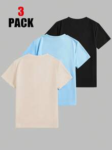 SHEIN 3 件套男童圆领短袖 T 恤，徽标装饰，春夏 - 藍色 - 查看 2