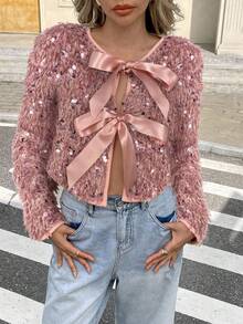 Serisse Fashionable Commuter Jacket With Sequins Decor And Drawstring Hem Casual Spring Pink - Dusty Pink - View 5